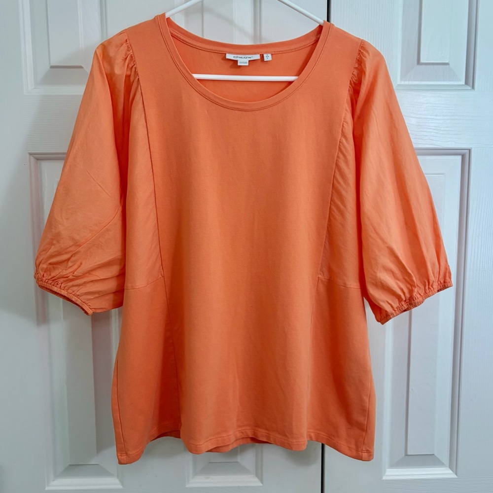 Chico's Orange Balloon Sleeve Cotton Blend Top Size Large